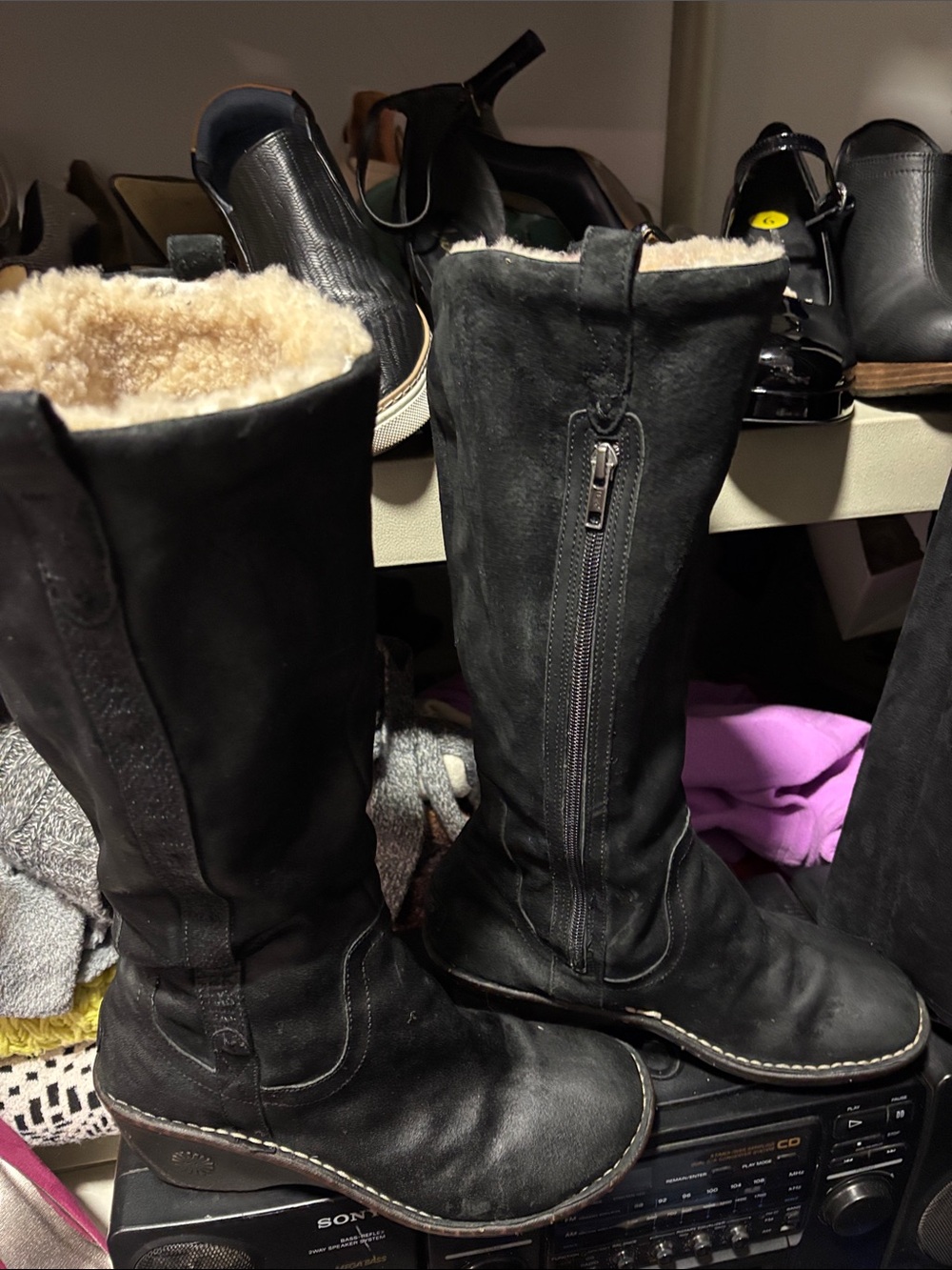 UGG Black Suede Shearling-Lined Mid-Calf Zip Boots